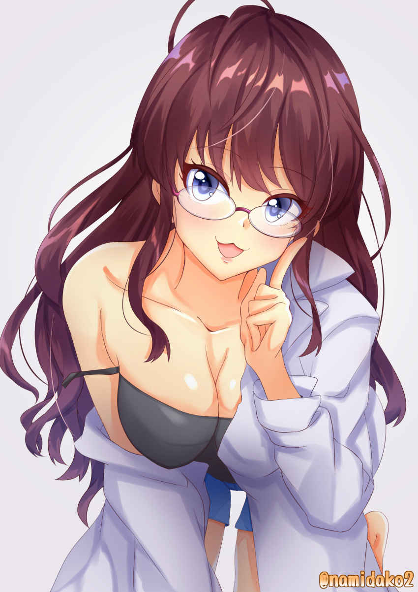 1girl :3 artist_name bespectacled blue_eyes breasts brown_hair cleavage collarbone commentary_request glasses highres ichinose_shiki idolmaster idolmaster_cinderella_girls idolmaster_cinderella_girls_starlight_stage labcoat large_breasts leaning_forward long_hair namidako off_shoulder rimless_eyewear shorts solo spaghetti_strap strap_slip wavy_hair
