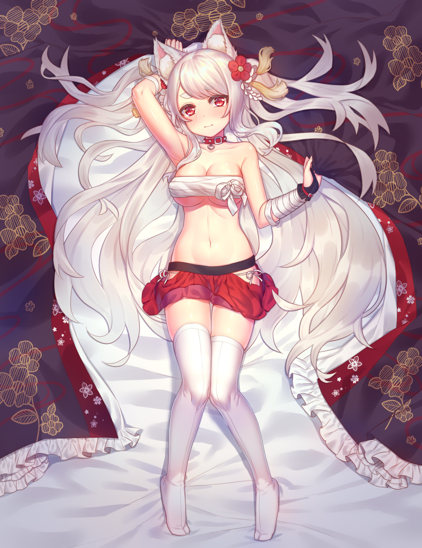 1girl absurdres animal_ears arm_up azur_lane bangs bed_sheet black_gloves blush budget_sarashi chi_yei closed_mouth commentary_request eyebrows_visible_through_hair fingerless_gloves fingernails flower frills gloves hair_flower hair_ornament hand_up highres long_hair looking_at_viewer lying navel no_shoes on_back panties pleated_skirt red_eyes red_flower red_skirt sarashi side-tie_panties silver_hair skirt solo tabi thick_eyebrows thigh-highs underwear very_long_hair white_legwear white_panties wolf_ears yuudachi_(azur_lane)
