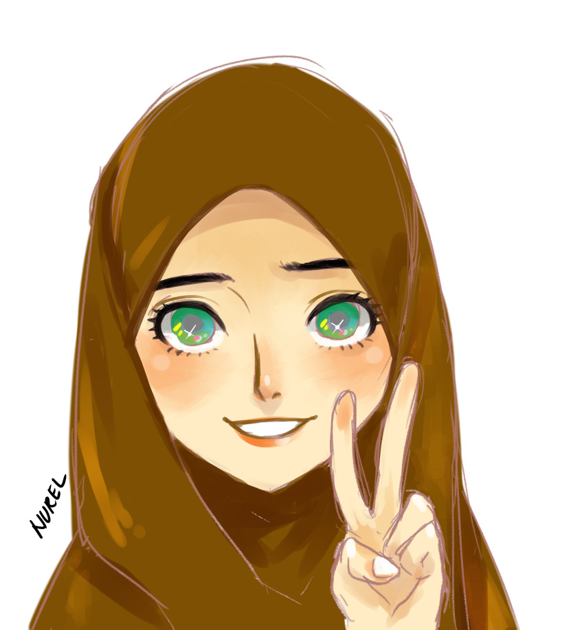 1girl absurdres artist_name eyelashes green_eyes highres hijab lips looking_at_viewer muslim nurel original parted_lips simple_background smile solo v white_background