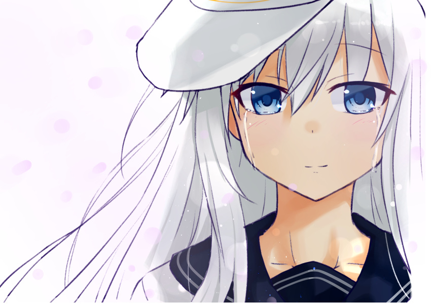 1girl blue_eyes collarbone crying crying_with_eyes_open eyebrows_visible_through_hair floating_hair hair_between_eyes hat hibiki_(kantai_collection) highres kantai_collection long_hair looking_at_viewer m_kong portrait silver_hair smile solo tears verniy_(kantai_collection) white_background white_hat