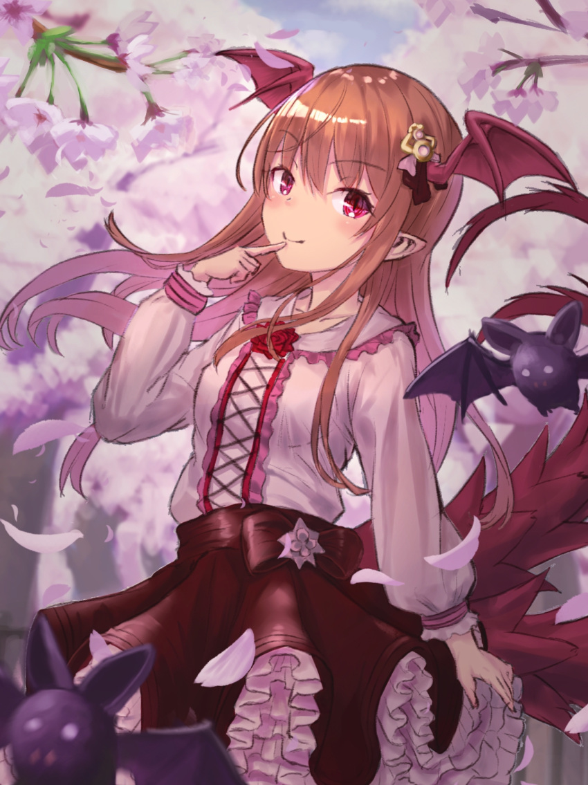 1girl bangs bat bat_wings black_skirt blush brown_hair cherry_blossoms closed_mouth commentary_request day eyebrows_visible_through_hair finger_to_mouth flower frilled_shirt_collar frilled_skirt frills gatling033 granblue_fantasy hair_ornament head_wings highres long_hair looking_at_viewer outdoors petals pink_eyes pointy_ears red_flower red_rose red_wings rose shingeki_no_bahamut shiny shiny_hair shirt skirt solo tail vampy white_shirt wings