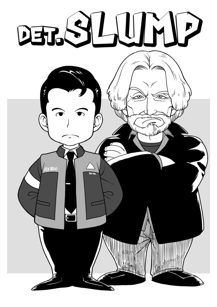 2boys bangs beard belt character_request chibi closed_mouth connor_(detroit) crossed_arms detroit:_become_human dr._slump facial_hair frown greyscale highres jacket kotatsu_(g-rough) looking_at_viewer monochrome multiple_boys necktie pants parody parted_bangs shoes standing title_parody uniform