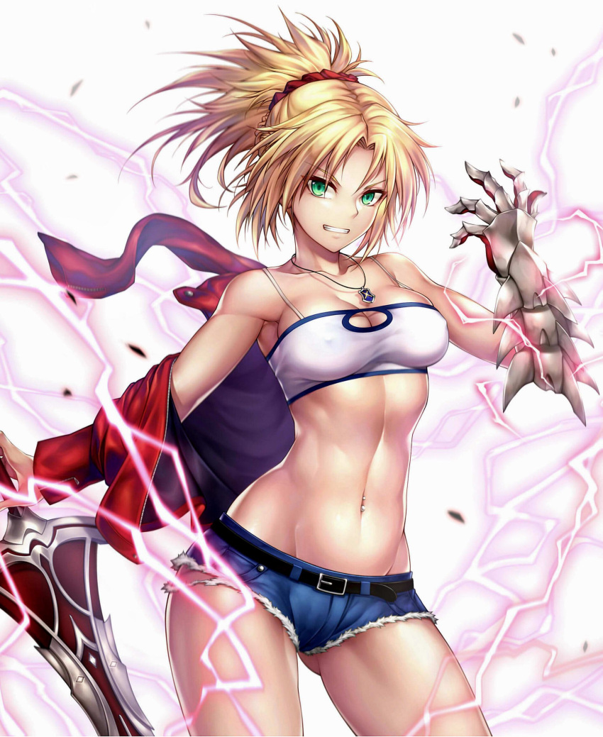 1girl abs bandeau bare_shoulders belt blonde_hair braid breasts clarent cleavage cutoffs denim denim_shorts electricity erect_nipples fate/apocrypha fate_(series) french_braid gauntlets gluteal_fold green_eyes grin hair_ornament hair_scrunchie highres jacket jewelry long_hair looking_at_viewer medium_breasts midriff mordred_(fate) mordred_(fate)_(all) nasaniliu necklace off_shoulder ponytail red_jacket red_scrunchie scrunchie shorts simple_background smile solo standing teeth white_background