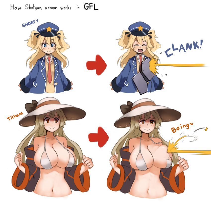 2girls :d absurdres bikini black_bow blonde_hair blue_eyes blue_hat blue_jacket blush bow breasts character_name collared_shirt commentary directional_arrow english_commentary eyebrows_visible_through_hair firing flat_chest girls_frontline hat hat_bow highres huge_breasts ithaca_m37_(girls_frontline) jacket kion-kun long_hair long_sleeves looking_at_viewer multiple_girls navel necktie onomatopoeia open_clothes open_jacket open_mouth orange_eyes pun red_neckwear shirt simple_background smile sun_hat super_shorty_(girls_frontline) swimsuit two_side_up vest white_background white_bikini white_hat white_shirt wide_sleeves wing_collar