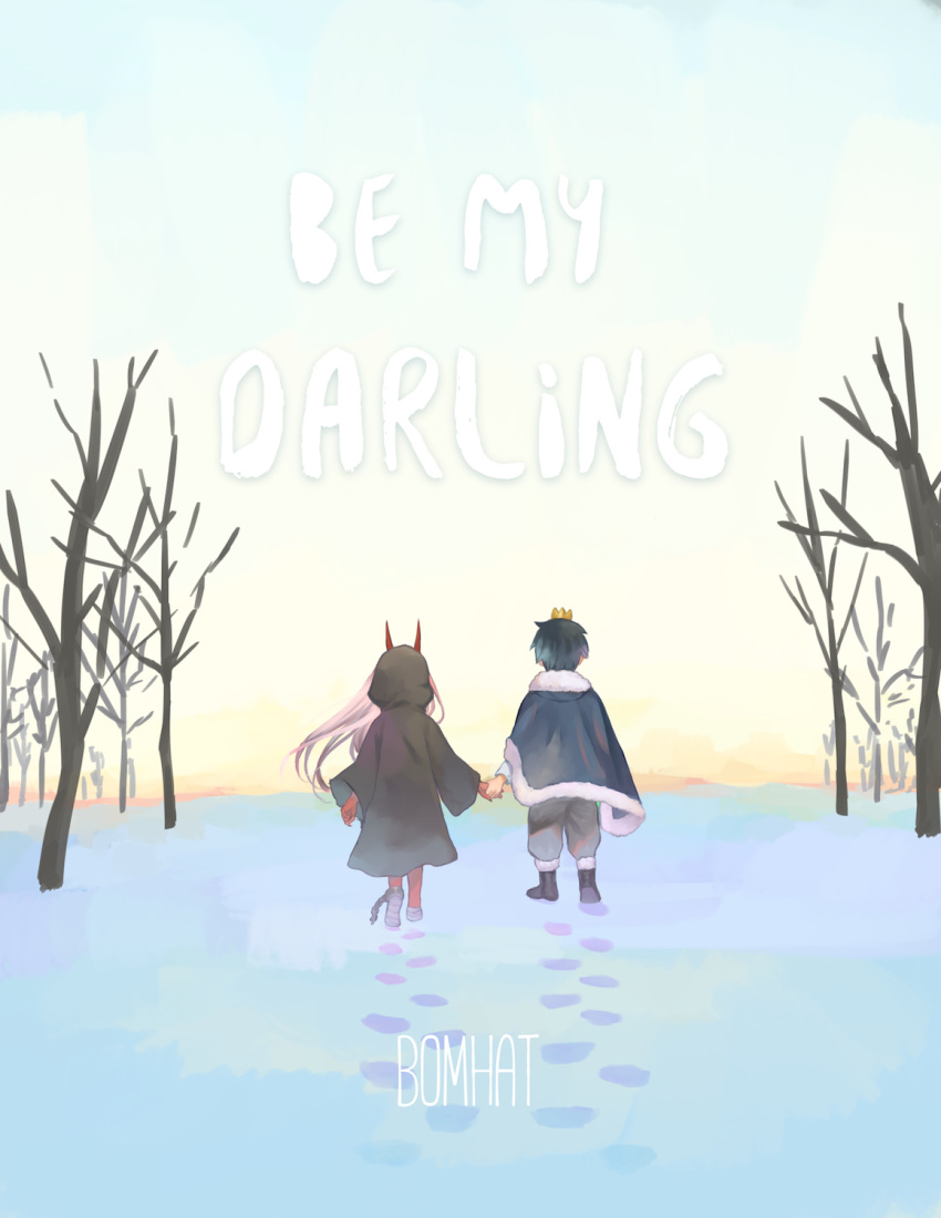1boy 1girl artist_name bandage black_cloak black_footwear black_hair bomhat capelet child cloak comic commentary couple crown darling_in_the_franxx english english_commentary footprints from_behind fur_capelet fur_trim grey_pants hand_holding hetero highres hiro_(darling_in_the_franxx) hood hood_up hooded_cloak horns long_hair navy_blue_capelet oni_horns pants parka pink_hair prince red_horns red_skin short_hair snow title tree zero_two_(darling_in_the_franxx)