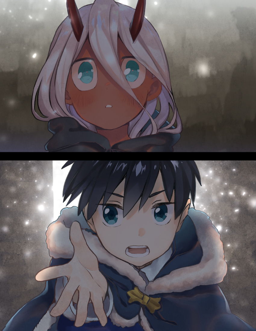1boy 1girl black_cloak black_hair blue_eyes blush bomhat capelet child cloak comic commentary couple darling_in_the_franxx english_commentary fur_capelet fur_trim green_eyes hetero highres hiro_(darling_in_the_franxx) hood hooded_cloak horns long_hair navy_blue_capelet oni_horns parka pink_hair reaching_out red_horns red_pupils red_sclera red_skin short_hair snowing zero_two_(darling_in_the_franxx)