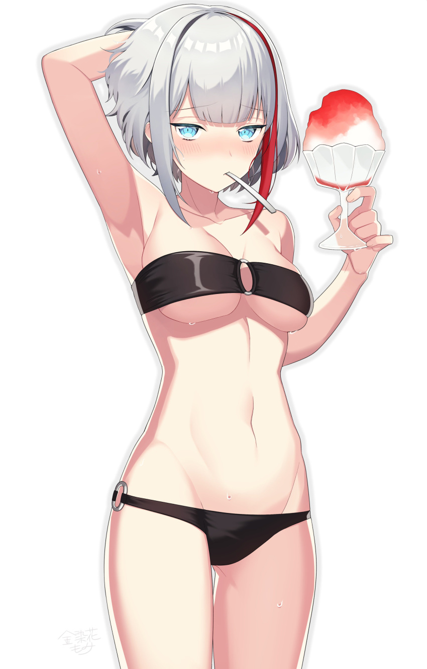 1girl absurdres admiral_graf_spee_(azur_lane) alternate_costume arm_behind_head azur_lane bangs bikini black_bikini blue_eyes blunt_bangs blush breasts collarbone cowboy_shot cup eyebrows_visible_through_hair groin highres holding holding_cup kinsenka_momi looking_at_viewer mouth_hold multicolored_hair navel o-ring o-ring_bikini redhead shaved_ice short_hair sidelocks silver_hair simple_background small_breasts solo spoon_in_mouth stomach streaked_hair swimsuit thighs under_boob wet white_background