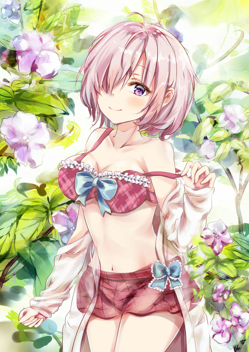 1girl bangs bare_shoulders blue_bow blush bow bra breasts cleavage closed_mouth collarbone commentary_request eyebrows_visible_through_hair fate/grand_order fate_(series) flower hair_over_one_eye hand_up highres jacket large_breasts lips long_sleeves mash_kyrielight mutang nabeshima_tetsuhiro off_shoulder pink_hair plaid plaid_bra plaid_skirt purple_flower red_bra red_skirt see-through short_hair skirt sleeves_past_wrists smile solo strap_slip underwear violet_eyes white_jacket