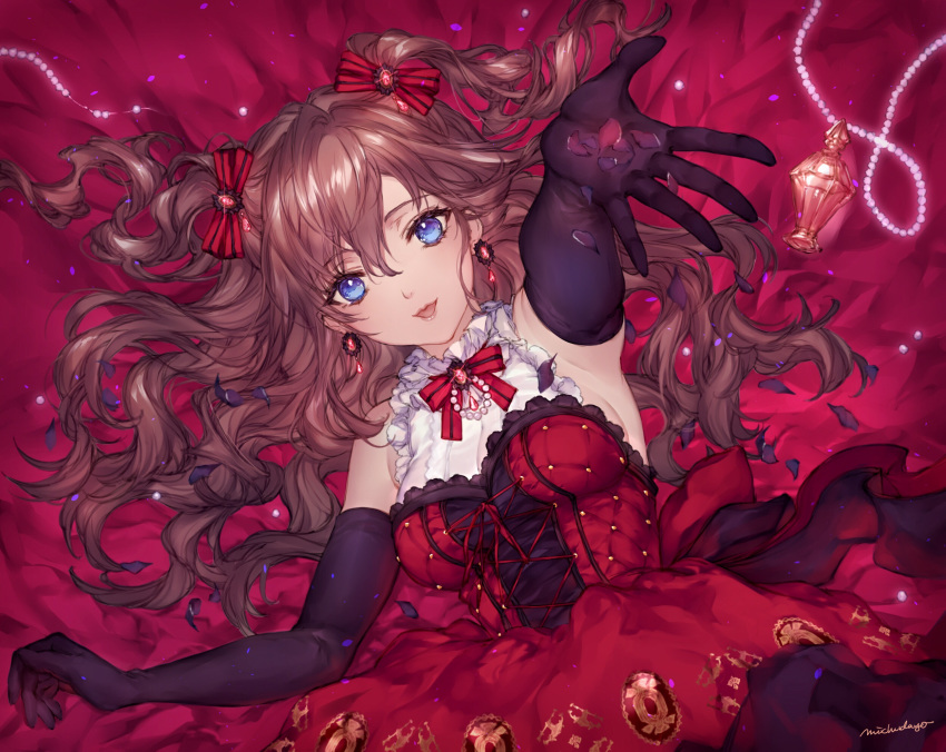 1girl :3 black_gloves blue_eyes bottle brown_hair commentary_request dress earrings elbow_gloves gloves hair_ribbon highres ichinose_shiki idolmaster idolmaster_cinderella_girls jewelry long_hair looking_at_viewer lying michudx necklace on_back open_mouth outstretched_hand pearl_necklace perfume_bottle petals red_dress ribbon signature solo wavy_hair
