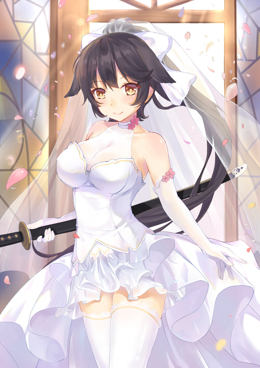 1girl absurdres alternate_costume animal_ears azur_lane bare_shoulders black_hair breasts brown_eyes cannian_dada cleavage dog_ears dress elbow_gloves gloves hair_ears hair_flaps highres holding holding_sword holding_weapon katana large_breasts looking_at_viewer mole mole_under_eye ponytail smile sword takao_(azur_lane) thigh-highs weapon wedding_dress white_dress white_gloves white_legwear