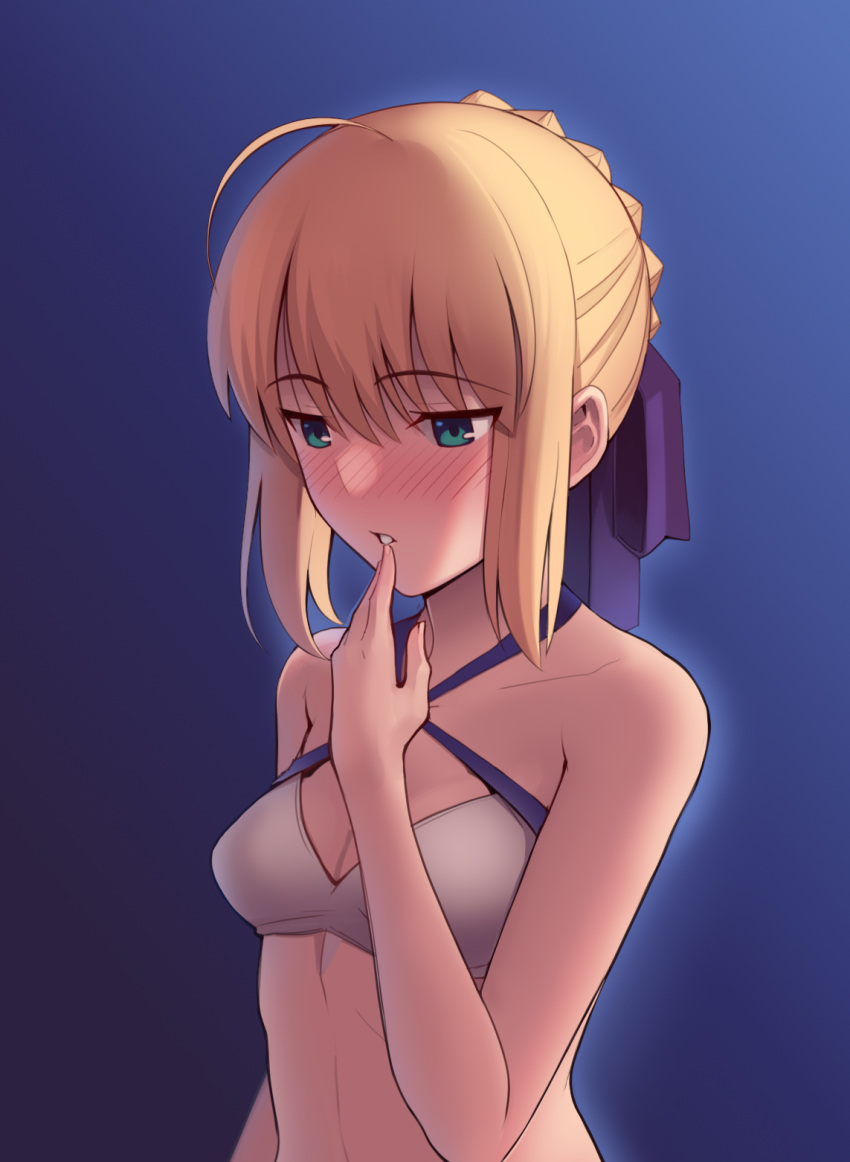 1girl ahoge artoria_pendragon_(all) bangs bare_arms bare_shoulders bikini blonde_hair blue_background blush boa_(brianoa) breasts criss-cross_halter embarrassed eyebrows_visible_through_hair fate/stay_night fate_(series) finger_to_mouth green_eyes hair_bun hair_ribbon half-closed_eyes halterneck hand_up highres nose_blush parted_lips purple_ribbon ribbon saber sidelocks small_breasts solo swimsuit upper_body white_bikini