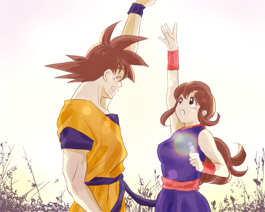 1boy 1girl :d :o ^_^ arch_lapin arm_up bangs bare_arms bare_shoulders black_eyes black_hair chi-chi_(dragon_ball) chinese_clothes clenched_hand closed_eyes closed_eyes couple dougi dragon_ball dragon_ball_(classic) floating_hair gradient gradient_background happy height_difference hetero long_hair looking_up open_mouth outstretched_arm outstretched_hand pink_background plant ponytail profile short_hair simple_background smile son_gokuu spiky_hair upper_body white_background wristband