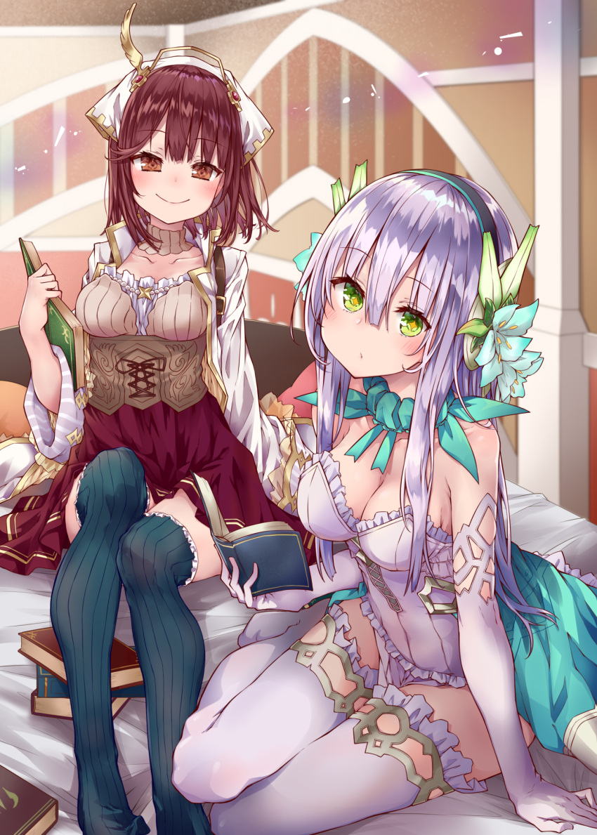 +_+ 2girls alt atelier_(series) atelier_lydie_&amp;_suelle bare_shoulders bed black_legwear blush book breasts brown_hair closed_mouth collarbone elbow_gloves eyebrows_visible_through_hair frills gloves green_eyes hair_between_eyes hairband head_scarf head_tilt highres holding holding_book indoors lavender_hair long_hair looking_at_viewer medium_breasts multiple_girls on_bed open_book plachta red_skirt sitting skirt smile sophie_neuenmuller thigh-highs very_long_hair white_gloves white_legwear