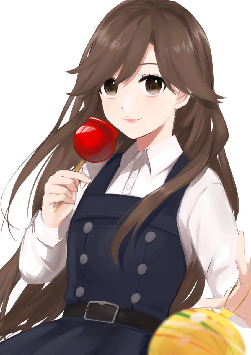 1girl arashio_(kantai_collection) balloon bangs belt black_dress blurry brown_eyes brown_hair buttons candy_apple closed_mouth collared_shirt commentary cowboy_shot depth_of_field double-breasted dress floating_hair focused food hand_up highres holding kantai_collection lips long_hair long_sleeves looking_at_viewer morinaga_miki outstretched_arm pinafore_dress remodel_(kantai_collection) shirt simple_background smile solo suspenders swept_bangs white_background white_shirt