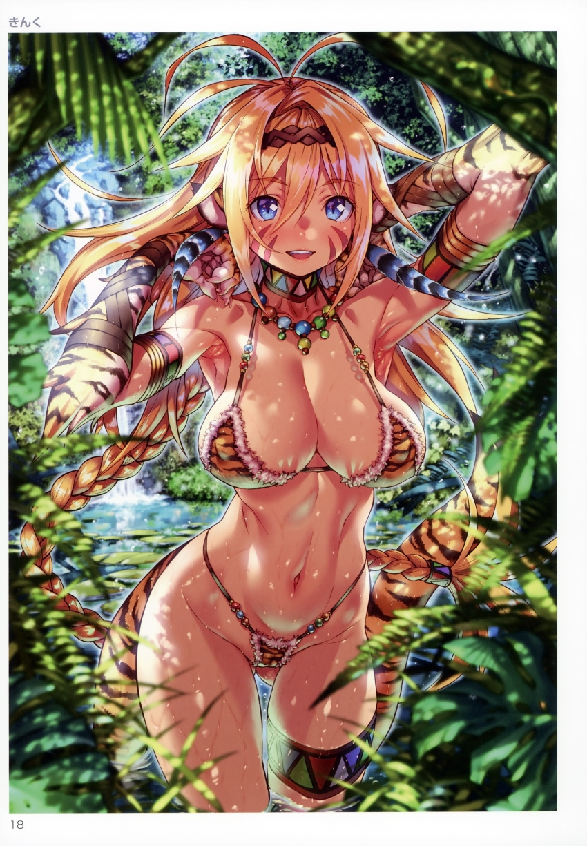 1girl absurdres animal_ears animal_print artist_name bangs blonde_hair blue_eyes breasts day eyebrows_visible_through_hair facial_mark fur_trim gluteal_fold highres huge_filesize large_breasts looking_at_viewer navel open_mouth outdoors smile solo tail thigh_strap tiger_ears tiger_tail toranoana