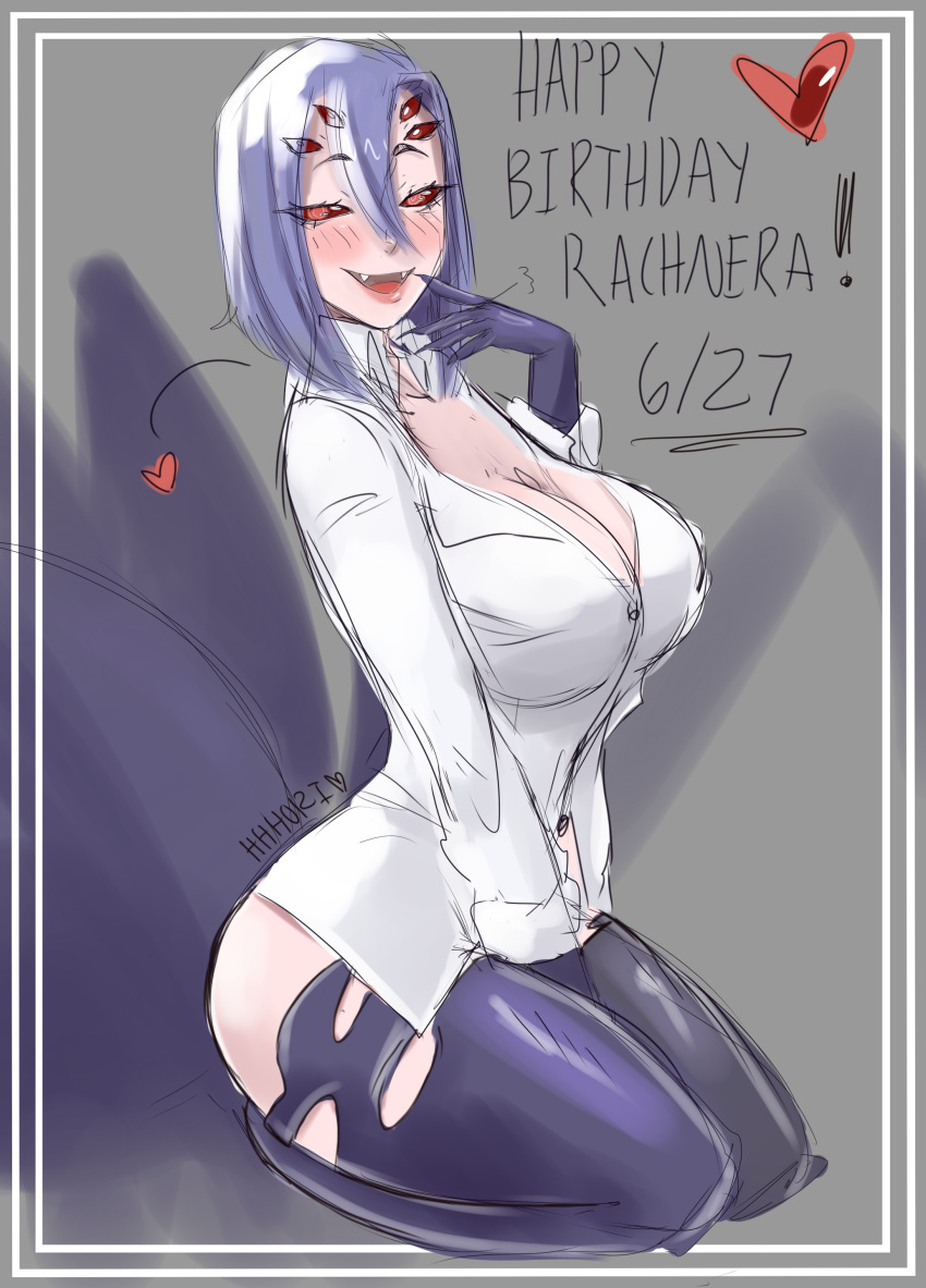 1girl absurdres arachne bangs blush border breasts cleavage collared_shirt commentary dated english english_commentary extra_eyes fangs grey_background hair_between_eyes happy_birthday heart hhhori highres huge_breasts insect_girl long_sleeves looking_at_viewer monster_girl monster_musume_no_iru_nichijou purple_hair rachnera_arachnera red_eyes shirt signature sketch smile solo spider_girl white_border white_shirt wing_collar