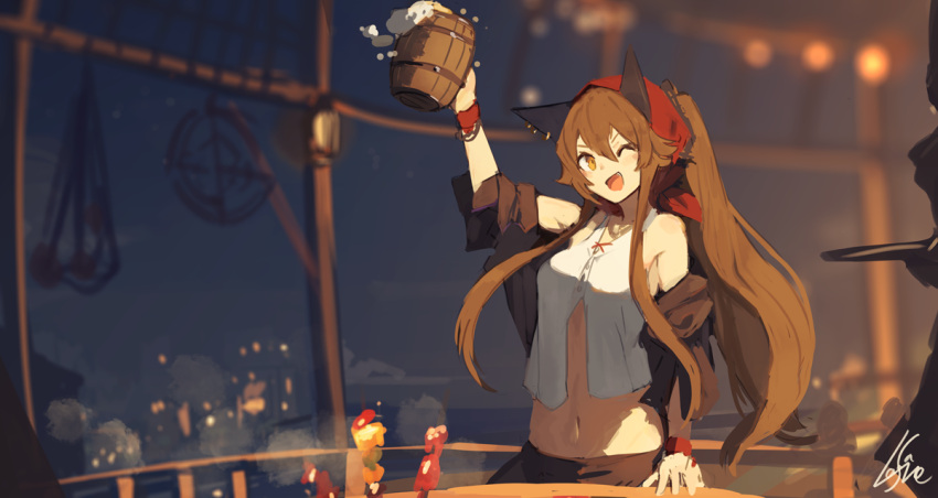 1girl :d alcohol animal_ears bangs beer beer_mug blurry blurry_background breasts brown_hair cleavage cup depth_of_field hair_between_eyes hand_up head_scarf lansane long_hair looking_at_viewer midriff mug navel one_eye_closed open_mouth original ponytail signature smile solo standing tsana_(lansane) very_long_hair vest white_vest wolf_ears wristband