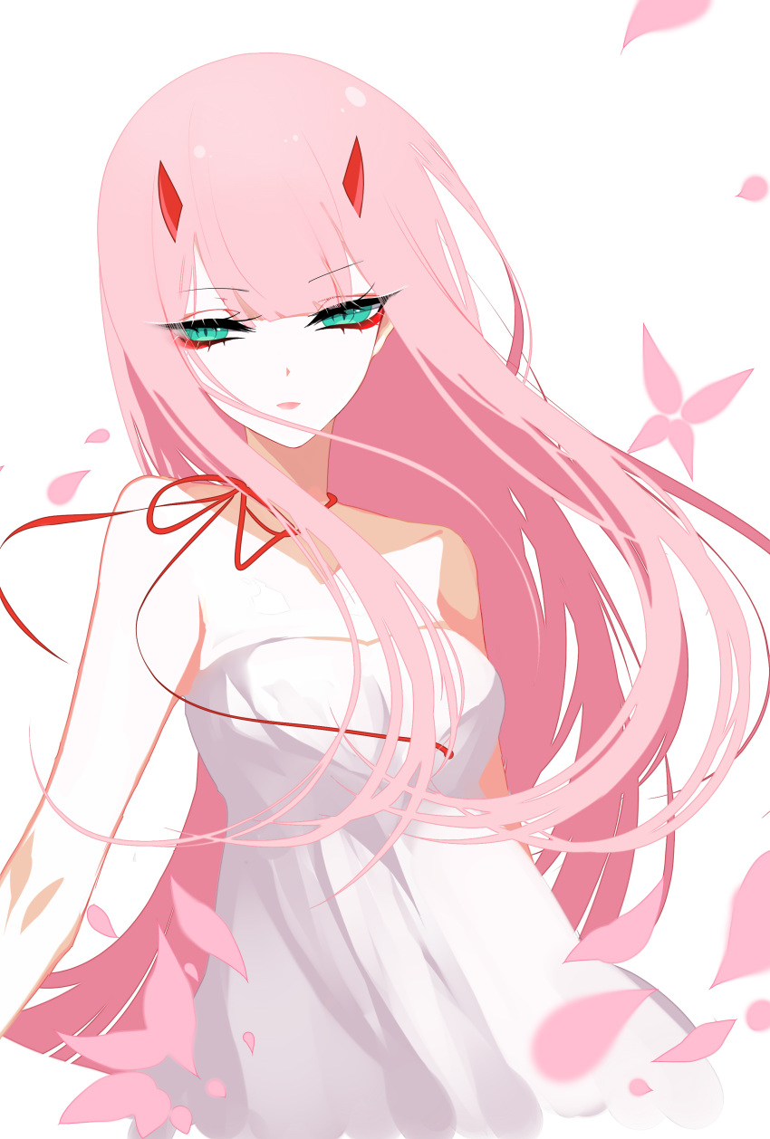 1girl absurdres aqua_eyes bangs bare_arms bare_shoulders breasts choker darling_in_the_franxx dress eyebrows_visible_through_hair hair_between_eyes highres horns long_hair looking_at_viewer medium_breasts parted_lips petals pink_hair red_ribbon ribbon ribbon_choker sheya simple_background smile solo strapless strapless_dress upper_body very_long_hair white_background white_dress zero_two_(darling_in_the_franxx)