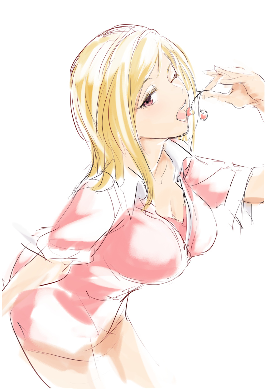 1girl blonde_hair breasts cherry cleavage collared_shirt eating food fruit hand_up highres holding holding_food hometa idolmaster idolmaster_million_live! large_breasts looking_at_viewer momose_rio naked_shirt one_eye_closed pink_shirt popped_collar red_eyes shirt short_sleeves simple_background sketch solo standing white_background wing_collar