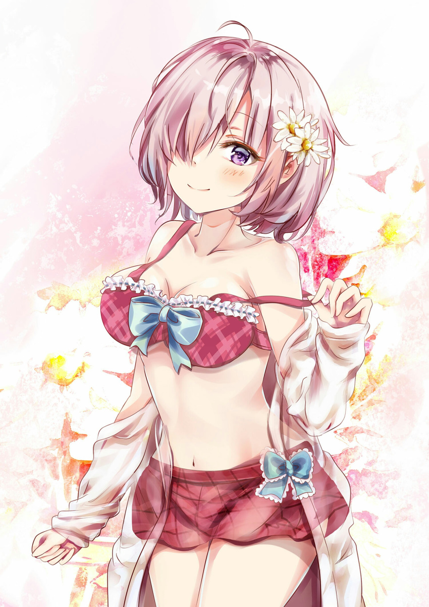 1girl ahoge bangs bare_shoulders blue_bow blush bow bra breasts cleavage closed_mouth collarbone eyebrows_visible_through_hair fate/grand_order fate_(series) flower hair_flower hair_ornament hair_over_one_eye hand_up highres jacket large_breasts lips long_sleeves mash_kyrielight mutang nabeshima_tetsuhiro off_shoulder pink_hair plaid plaid_bra plaid_skirt red_bra red_skirt short_hair skirt sleeves_past_wrists smile solo strap_slip underwear violet_eyes white_flower white_jacket