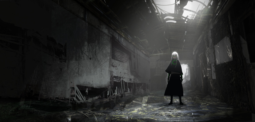 1girl absurdres asuteroid bangs black_capelet black_robe boots capelet glowing glowing_eyes green_eyes highres indoors long_hair looking_at_viewer negative_space original ruins scenery solo standing