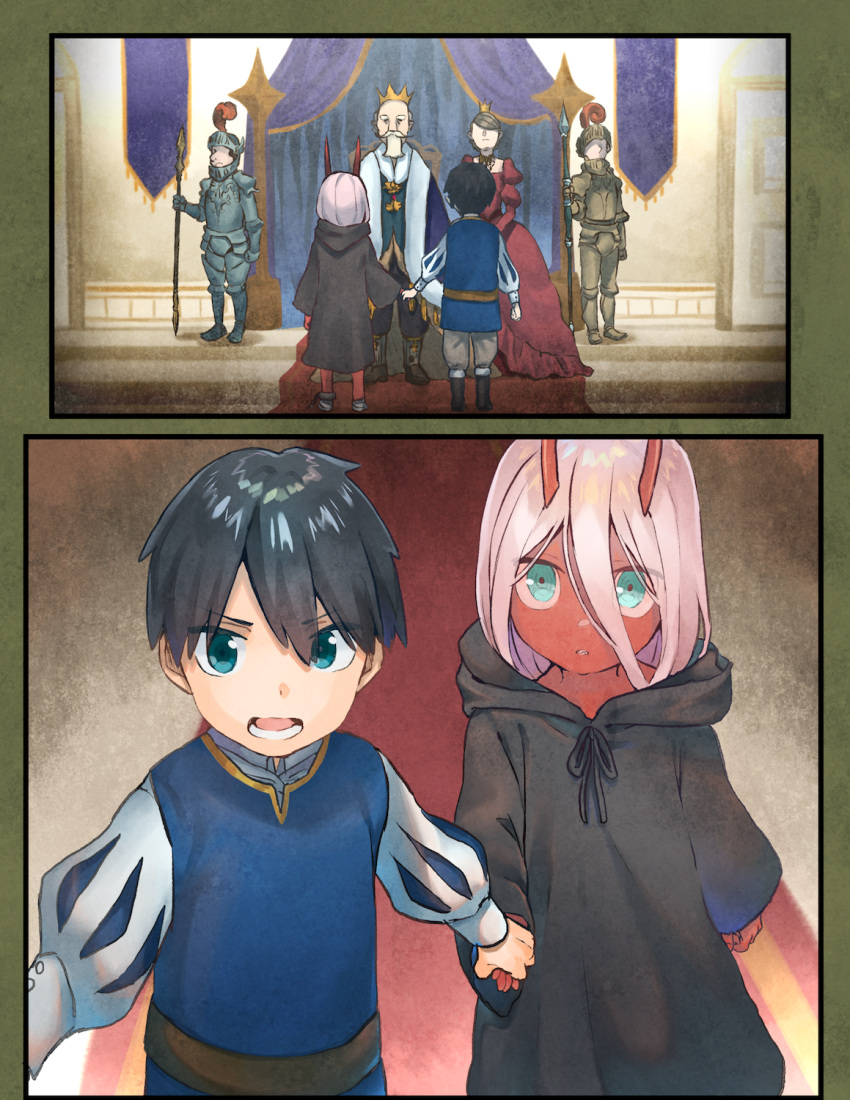 1boy 1girl 3boys 3girls armor armored_boots bandage black_cloak black_hair blue_eyes bomhat boots brown_hair cape child cloak comic commentary couple crown darling_in_the_franxx dress english_commentary eyebrows_visible_through_hair facial_hair fur_boots green_eyes hand_holding helmet hetero highres hiro_(darling_in_the_franxx) holding holding_spear holding_weapon hood hooded_cloak horns king long_hair multiple_boys multiple_girls mustache no_eyes old_man oni_horns parka pink_hair polearm prince puff_and_slash_sleeves puffy_sleeves purple_cape queen red_dress red_horns red_pupils red_sclera red_skin short_hair spear weapon white_hair zero_two_(darling_in_the_franxx)