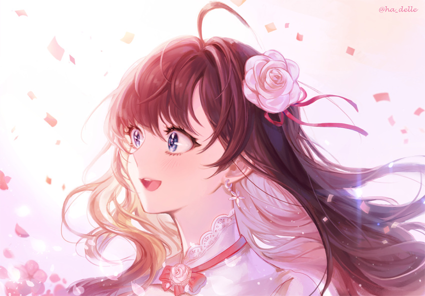 1girl :d ahoge blue_eyes brown_hair commentary_request confetti earrings flower hado_(gjdlsxor1) hair_flower hair_ornament ichinose_shiki idolmaster idolmaster_cinderella_girls idolmaster_cinderella_girls_starlight_stage jewelry long_hair open_mouth petals smile solo twitter_username wavy_hair