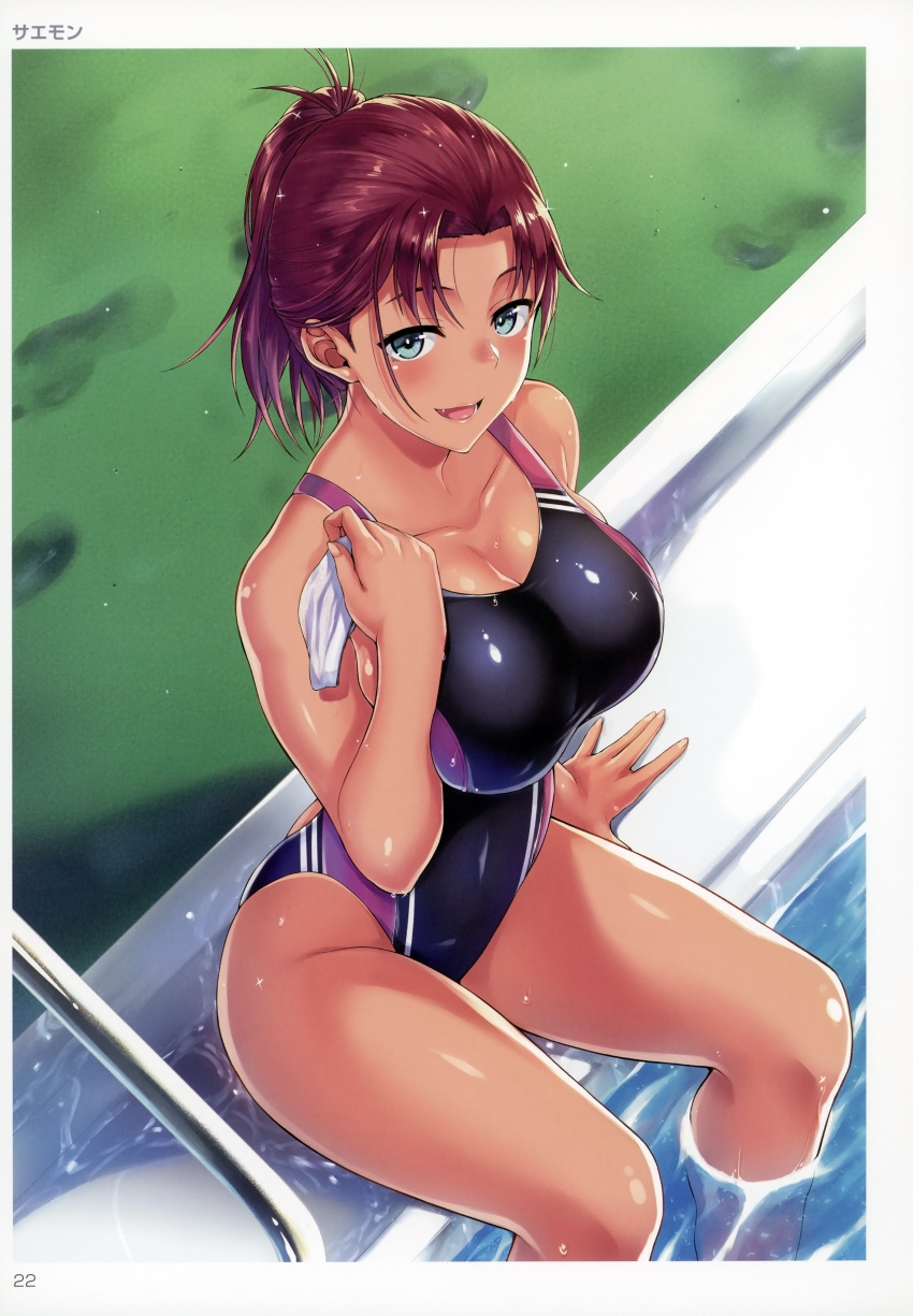 1girl absurdres artist_name bangs bare_shoulders breasts cleavage collarbone dark_skin highres holding large_breasts looking_at_viewer one-piece_swimsuit open_mouth page_number ponytail poolside saemon_(tonpura) shiny shiny_clothes shiny_hair shiny_skin simple_background sitting smile solo swimsuit thighs tied_hair toranoana water