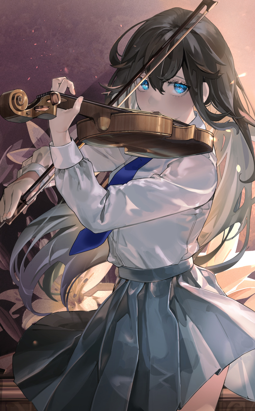 1girl absurdres bangs black_hair blue_eyes blue_necktie flower grey_skirt hair_between_eyes highres instrument long_hair long_sleeves looking_at_viewer multicolored_hair music necktie nik_ibi original playing_instrument pleated_skirt shirt skirt solo standing uniform violin white_flower white_hair white_shirt