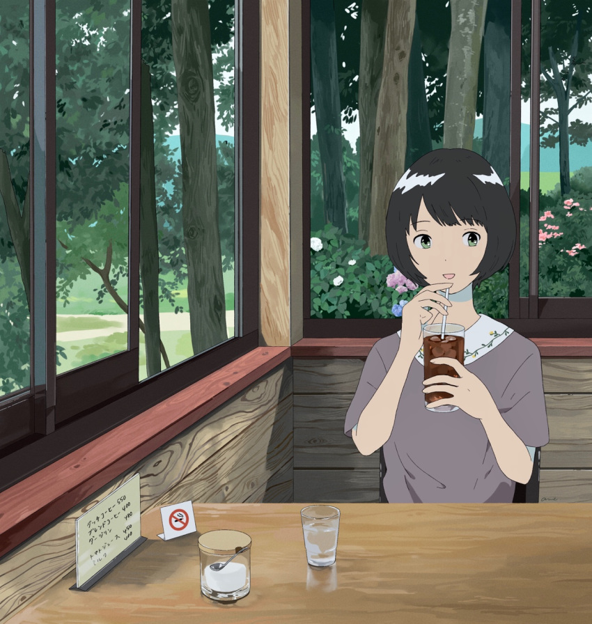 1girl black_hair cup day desk drinking_glass flower forest green_eyes grey_shirt gumi. highres holding holding_drinking_glass indoors looking_at_viewer nature no_smoking original parted_lips shirt short_hair short_sleeves sipping sitting smile solo sugar_bowl window
