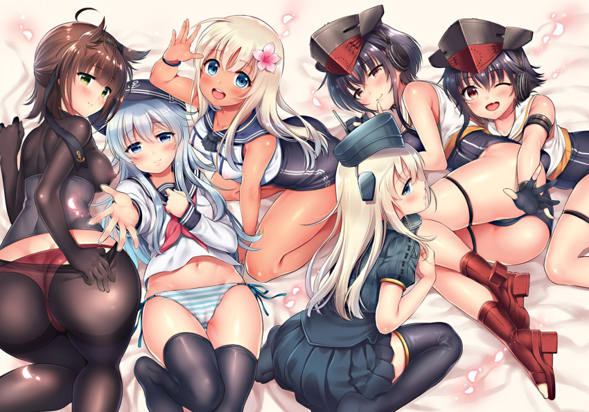 6+girls ahoge anchor_symbol arm_up armband ass asymmetrical_hair bangs bed_sheet black_bodysuit black_hair black_legwear blue_eyes blue_swimsuit blush bodysuit boots breasts brown_eyes brown_hair closed_mouth clothes_writing corset crop_top cropped_jacket eyebrows_visible_through_hair flat_cap flower framed_breasts garrison_cap gloves grey_eyes hair_between_eyes hair_flaps hair_flower hair_ornament hairband hat hatsuzuki_(kantai_collection) headband headgear headphones hibiki_(kantai_collection) high_heel_boots high_heels i-13_(kantai_collection) i-14_(kantai_collection) kantai_collection large_breasts legs long_hair looking_at_viewer lying military military_uniform multiple_girls navel neckerchief nipples on_back on_bed on_side one-piece_swimsuit open_mouth panties pantyhose partly_fingerless_gloves petals puffy_sleeves red_panties ro-500_(kantai_collection) sailor_collar sasachin_(k+w) school_swimsuit school_uniform seiza serafuku shirt short_hair side-tie_panties silver_hair single_glove sitting skirt smile swimsuit swimsuit_under_clothes tan tanline thigh-highs thighs u-511_(kantai_collection) underwear undressing uniform white_hair yellow_eyes