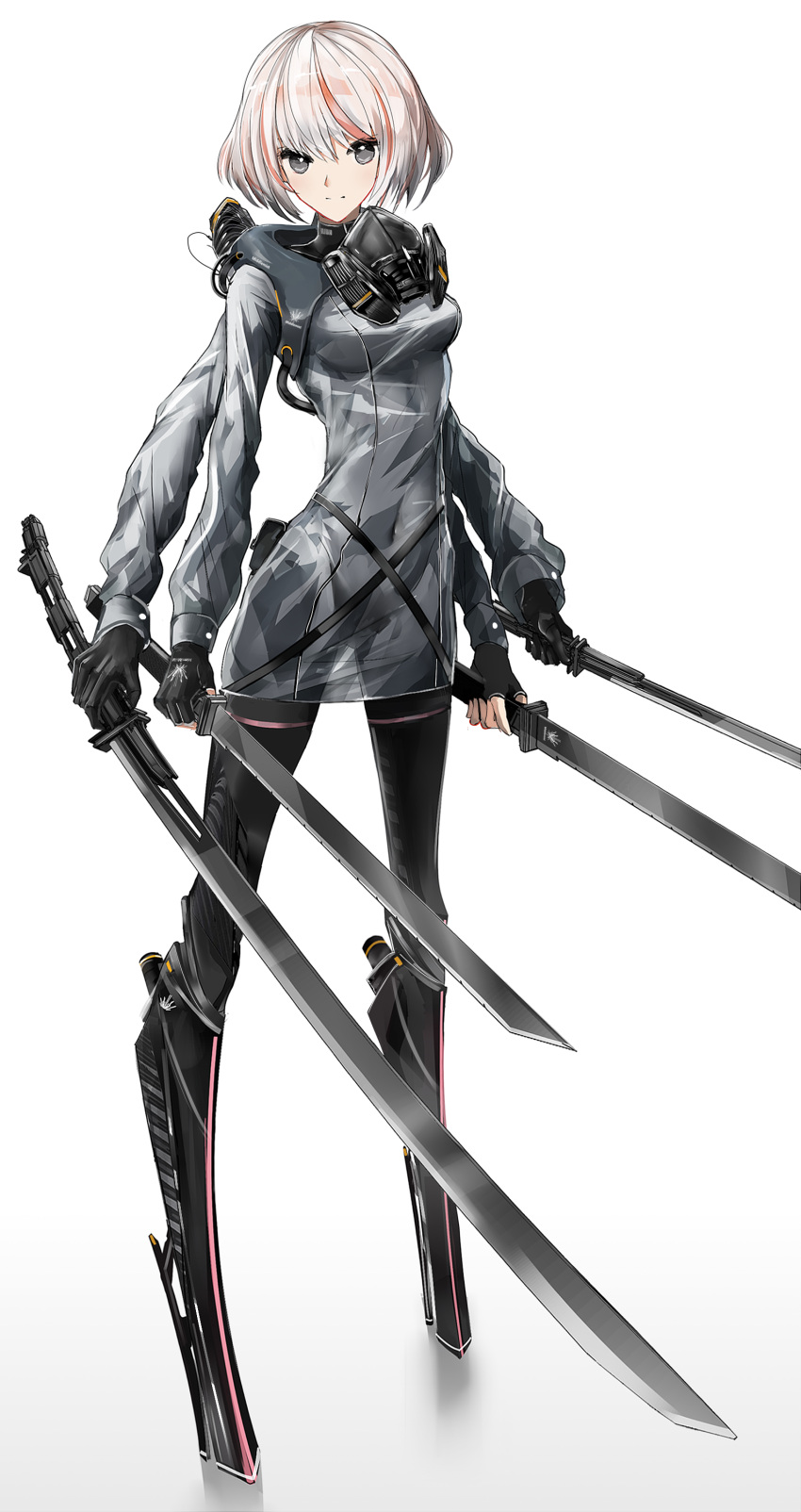 1girl absurdres bangs black_gloves breasts dress dual_wielding fingerless_gloves gloves grey_dress grey_eyes grey_hair highres holding holding_sword holding_weapon looking_at_viewer medium_breasts multiple_arms no_feet original prosthesis prosthetic_leg see-through_silhouette short_dress short_hair simple_background smile solo standing swav sword weapon white_background