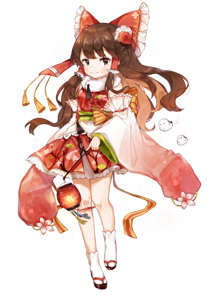 1girl absurdres black_footwear blush bow brown_eyes brown_hair cherry_blossoms closed_mouth commentary_request detached_sleeves flower frilled_bow frills fur_collar hair_bow hair_flower hair_ornament hakurei_reimu highres holding japanese_clothes kimono kimono_skirt lantern long_hair long_sleeves obi paper_lantern pink_flower red_bow red_flower red_kimono red_rose rose sash short_kimono simple_background sleeveless sleeveless_kimono smile socks solo standing standing_on_one_leg touhou useq1067 very_long_hair white_background white_legwear wide_sleeves zouri