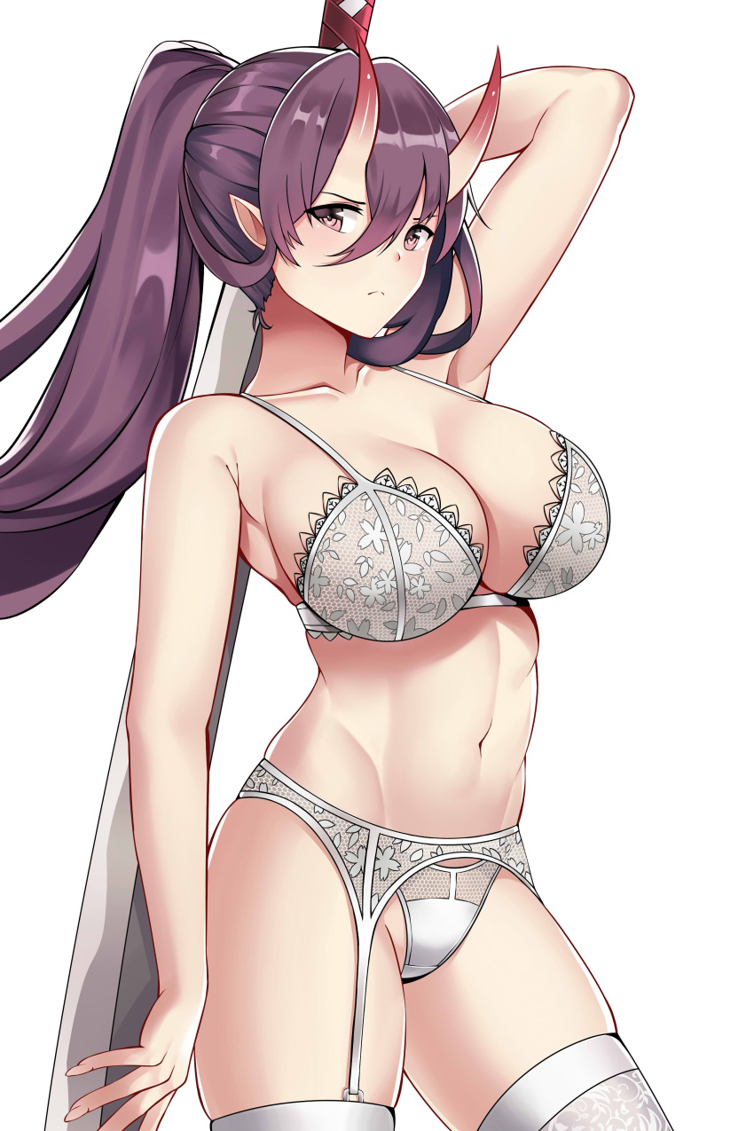 1girl absurdres alternate_costume arm_behind_head armpit_crease armpits aslindsamure azur_lane bangs blush bra breasts cleavage closed_mouth collarbone cowboy_shot garter_belt garter_straps groin hair_between_eyes highres holding holding_sword holding_weapon horns izumo_(azur_lane) katana large_breasts lingerie long_hair looking_at_viewer navel oni_horns paid_reward panties patreon_reward pointy_ears protected_link purple_hair simple_background skindentation solo stomach sword thigh-highs toned underwear underwear_only weapon white_background white_bra white_panties