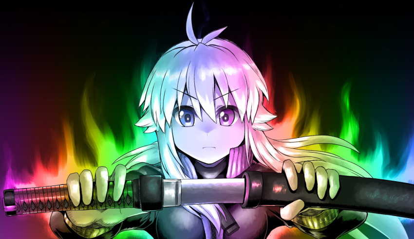 1girl ahoge aura black_background blonde_hair closed_mouth commentary_request drawing_sword holding holding_sword holding_weapon koshirae_tsurugi long_hair m.m original serious sheath solo sword wakizashi weapon