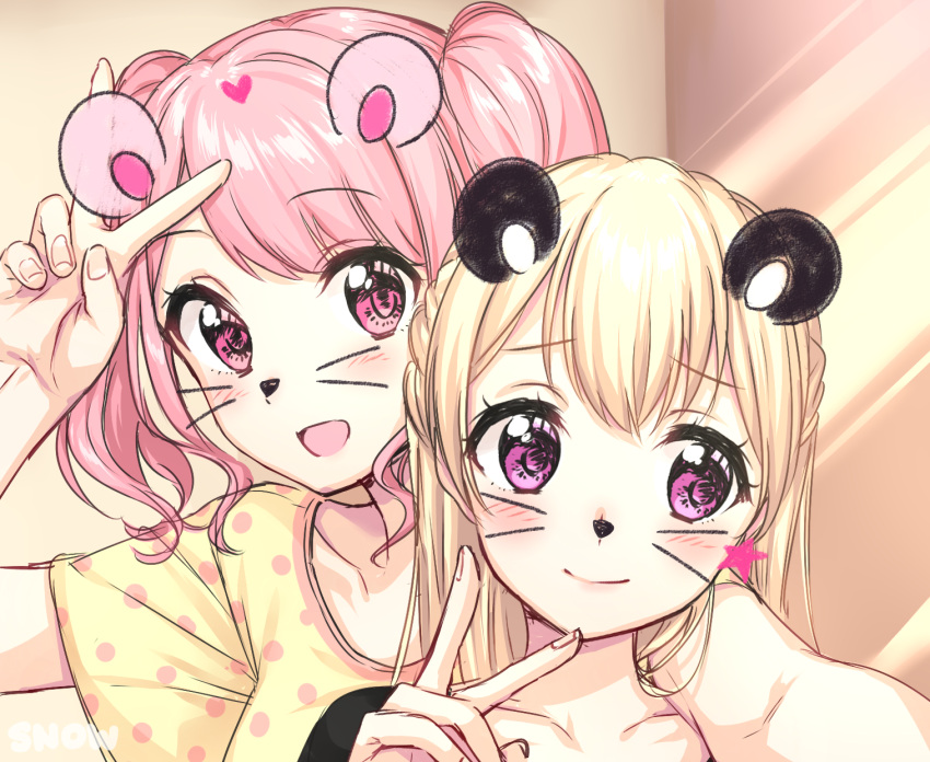 2girls :d bang_dream! bangs blonde_hair blush collarbone drawn_ears eyebrows_visible_through_hair face_filter half_updo heart highres long_hair looking_at_viewer maruyama_aya multiple_girls nervous_smile open_mouth pink_eyes pink_hair polka_dot polka_dot_shirt reaching_out self_shot shirasagi_chisato shirt short_sleeves smile star twintails umeno upper_body v violet_eyes whiskers yellow_shirt