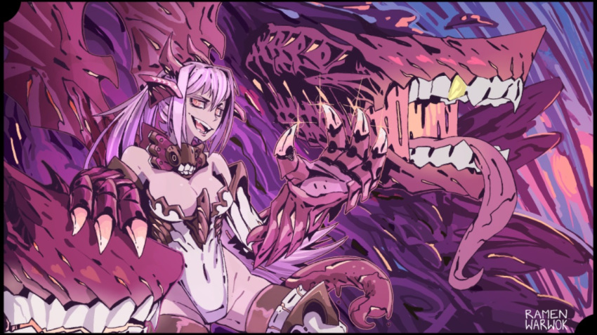 1girl :d artist_name bare_shoulders black_border border breasts claws covered_navel crossover dragon_girl dragon_horns dragon_tail dragon_wings extra_mouth fangs from_side gold_teeth gorget horns jabberwock_(monster_girl_encyclopedia) kantai_collection large_breasts leotard monster_girl monster_girl_encyclopedia open_mouth purple purple_hair ramenwarwok red_eyes shinkaisei-kan signature smile solo standing tail tentacle tumblr_username white_leotard wings