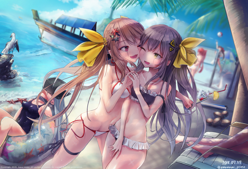 6+girls absurdres alternate_costume amamami_prime arm_ribbon bangs beach_volleyball bikini bird black_ribbon blurry blurry_background blush boat breasts brown_eyes brown_hair chair cheek-to-cheek cleavage coconut collarbone commentary_request cup dated day drinking_glass drinking_straw drooling eyebrows_visible_through_hair food frilled_bikini frills fruit g11_(girls_frontline) girls_frontline groin hair_between_eyes hair_ornament hair_ribbon hat_on_face highres hk416_(girls_frontline) holding holding_drinking_glass huge_filesize innertube jumping knee_up korean_commentary lemon lemon_slice long_hair looking_at_viewer lounge_chair lying m1903_springfield_(girls_frontline) medium_breasts multiple_girls navel ocean one_eye_closed one_side_up open_mouth outdoors palm_tree ponytail ribbon sand scar scar_across_eye school_swimsuit seagull shade side-tie_bikini sidelocks skindentation sleeping small_breasts smile stomach swimsuit thigh_ribbon tree twintails twitter_username ump45_(girls_frontline) ump9_(girls_frontline) very_long_hair wa2000_(girls_frontline) watercraft yellow_eyes yellow_ribbon