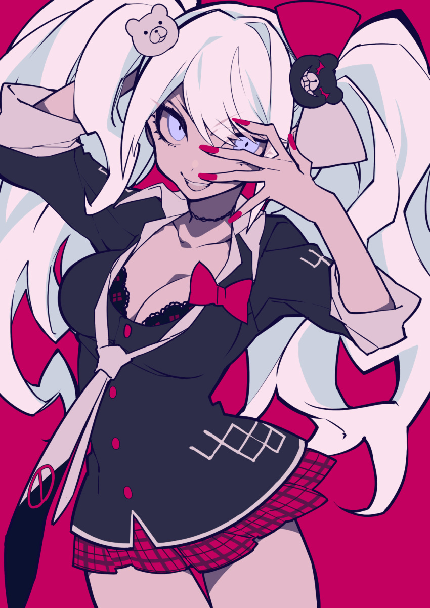 1girl :d bangs big_hair black_choker black_jacket bow bra bra_peek breasts choker cleavage cowboy_shot dangan_ronpa dangan_ronpa_1 enoshima_junko eyebrows_visible_through_hair fingernails hair_bow hair_ornament hand_over_eye hands_up highres jacket large_breasts long_hair looking_at_viewer mochizuki_kei nail_polish necktie open_mouth pleated_skirt red_background red_bra red_nails red_skirt simple_background skirt sleeves_rolled_up smile solo spoilers thigh_gap twintails underwear violet_eyes white_hair