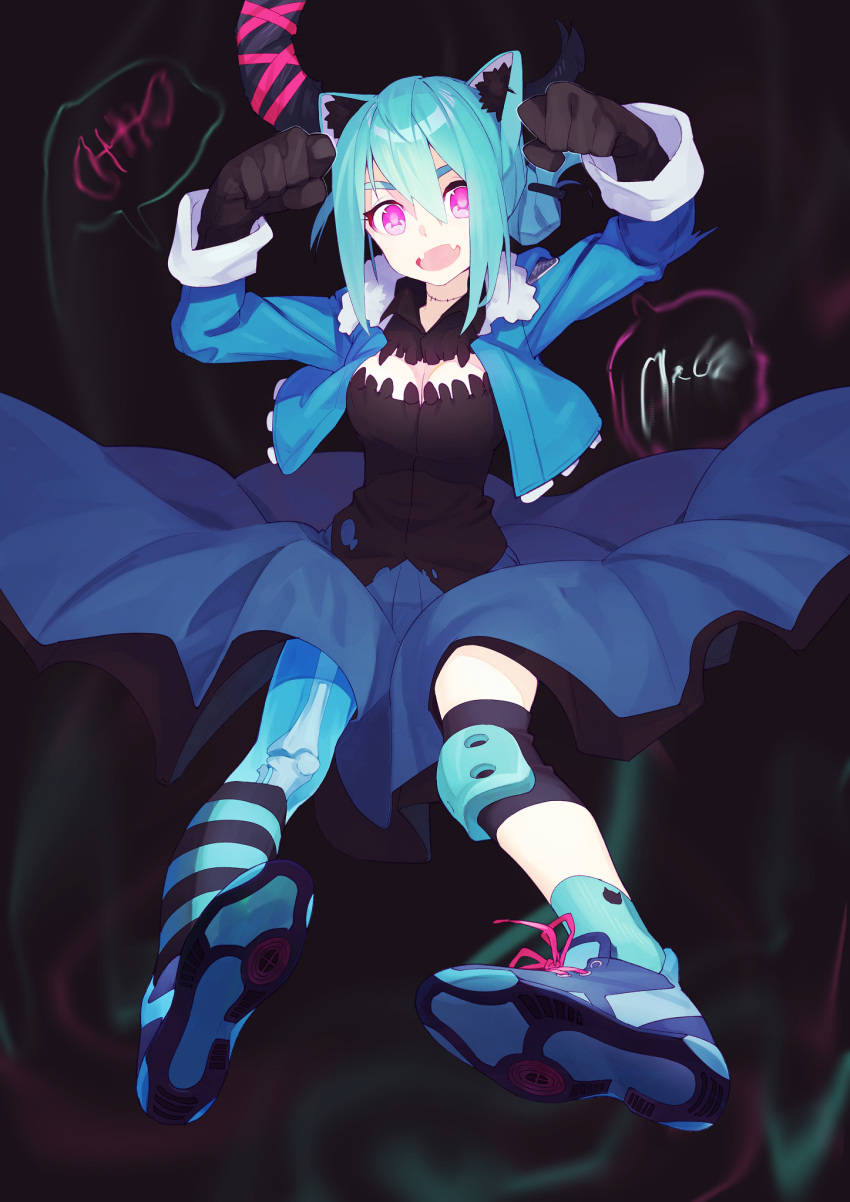 1girl :d animal_ears asymmetrical_legwear bangs blue_hair blue_jacket blue_legwear blue_skirt bone breasts brown_gloves commentary_request fangs folded_ponytail fur_trim gloves hair_between_eyes hands_up highres jacket jumping kamameshi_gougoumaru knee_pads long_sleeves looking_at_viewer medium_breasts open_clothes open_jacket open_mouth original pigeon-toed pink_eyes see-through shoes skirt smile socks solo striped striped_legwear