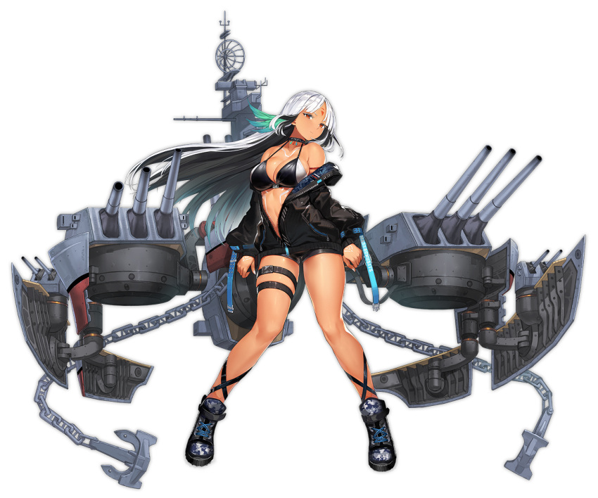 1girl anchor azur_lane belt bikini_top black_hair black_jacket breasts brown_eyes chains cleavage copyright_name enka_(bcat) jacket large_breasts long_hair long_sleeves looking_at_viewer machinery massachusetts_(azur_lane) multicolored_hair native_american official_art open_clothes silver_hair simple_background solo swimsuit swimsuit_under_clothes tan transparent_background turret unbuttoned unzipped zipper