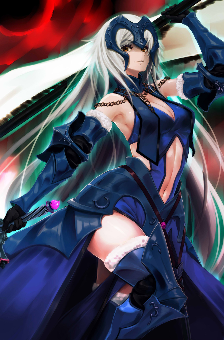 1girl arm_up armor armored_boots armored_dress aura banner black_gloves blue_dress blue_footwear boots breasts brown_eyes cleavage commentary_request dress elbow_gloves fate/grand_order fate_(series) floating_hair fur_trim gloves hayama_kazusa highres holding holding_sword holding_weapon jeanne_d'arc_(alter)_(fate) jeanne_d'arc_(fate)_(all) large_breasts long_hair midriff navel parted_lips sideboob silver_hair smile solo standing stomach sword thigh-highs thigh_boots very_long_hair weapon