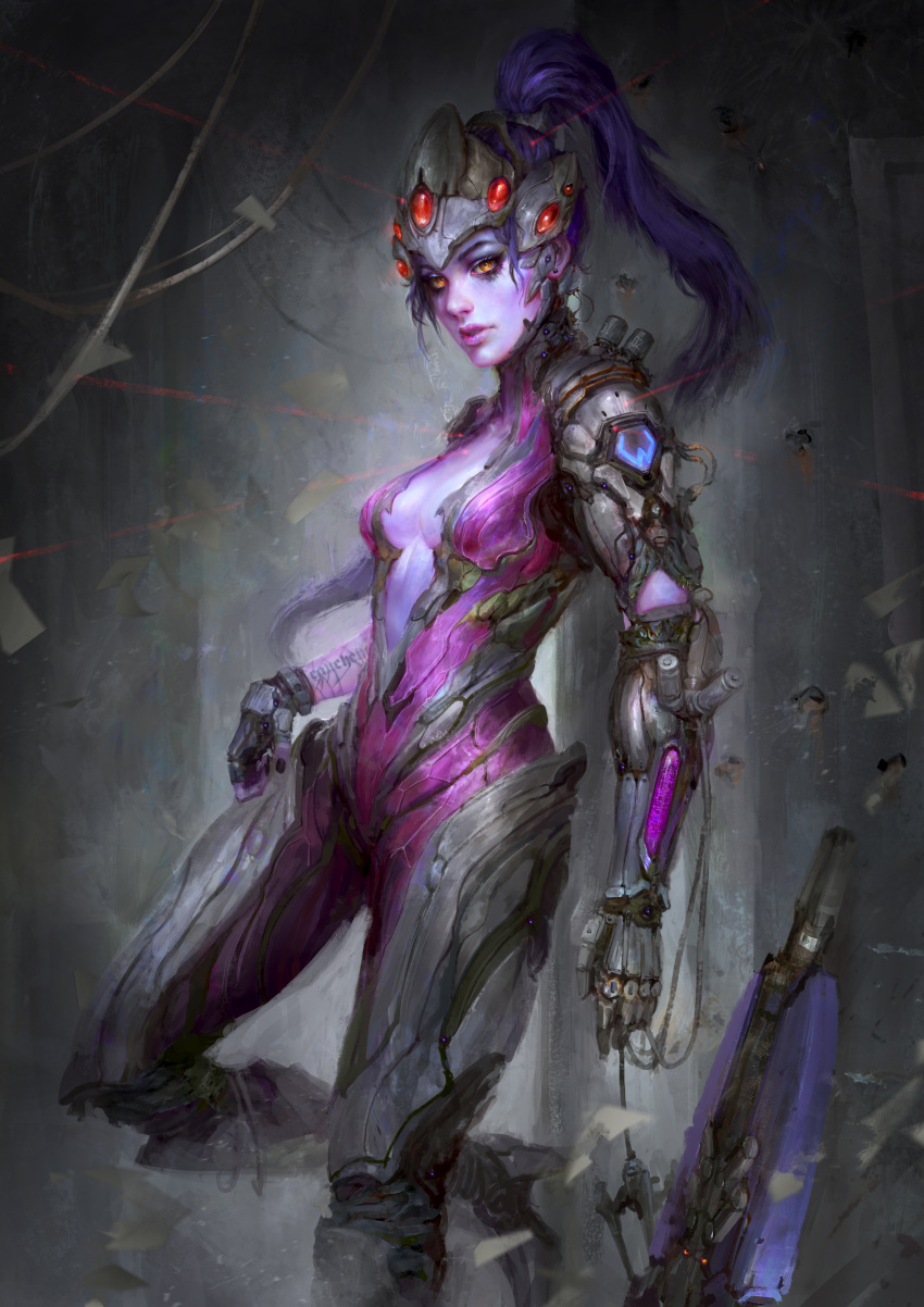 1girl absurdres against_wall bodysuit breasts cleavage daniel_kamarudin grappling_hook gun head_mounted_display high_ponytail highres long_hair looking_at_viewer medium_breasts no_bra nose overwatch pink_bodysuit pink_lips plunging_neckline purple_hair purple_skin rifle sniper_rifle solo weapon widowmaker_(overwatch) yellow_eyes