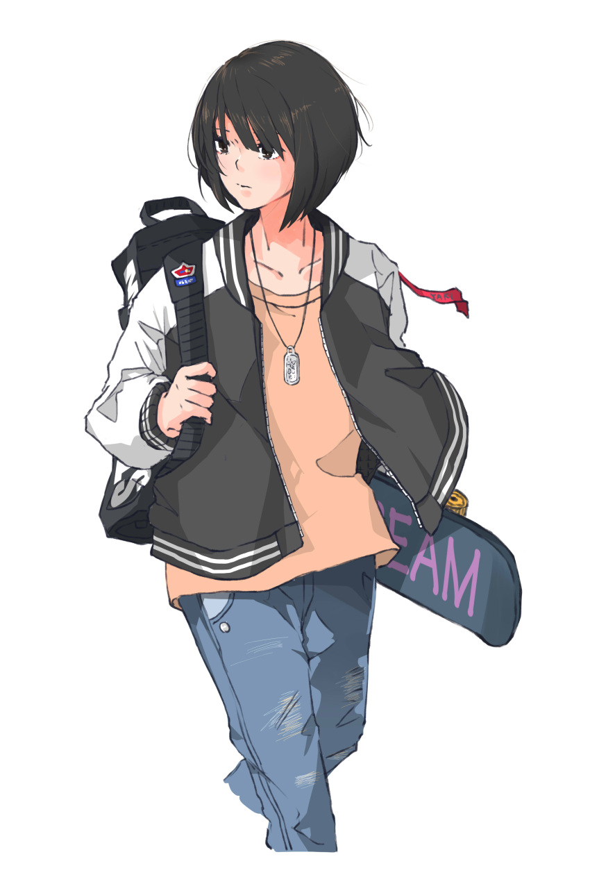 1girl absurdres backpack bag bob_cut brown_hair collarbone denim highres jeans jewelry original pants pendant short_hair skateboard sketch solo white_background yeh