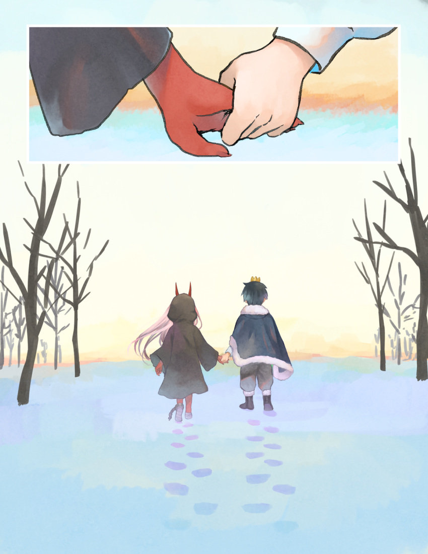 1boy 1girl bandage black_cloak black_footwear black_hair bomhat capelet child cloak comic commentary couple crown darling_in_the_franxx english_commentary footprints from_behind fur_capelet fur_trim grey_pants hand_holding hetero highres hiro_(darling_in_the_franxx) hood hood_up hooded_cloak horns long_hair navy_blue_capelet oni_horns pants parka pink_hair prince red_horns red_skin short_hair snow tree zero_two_(darling_in_the_franxx)