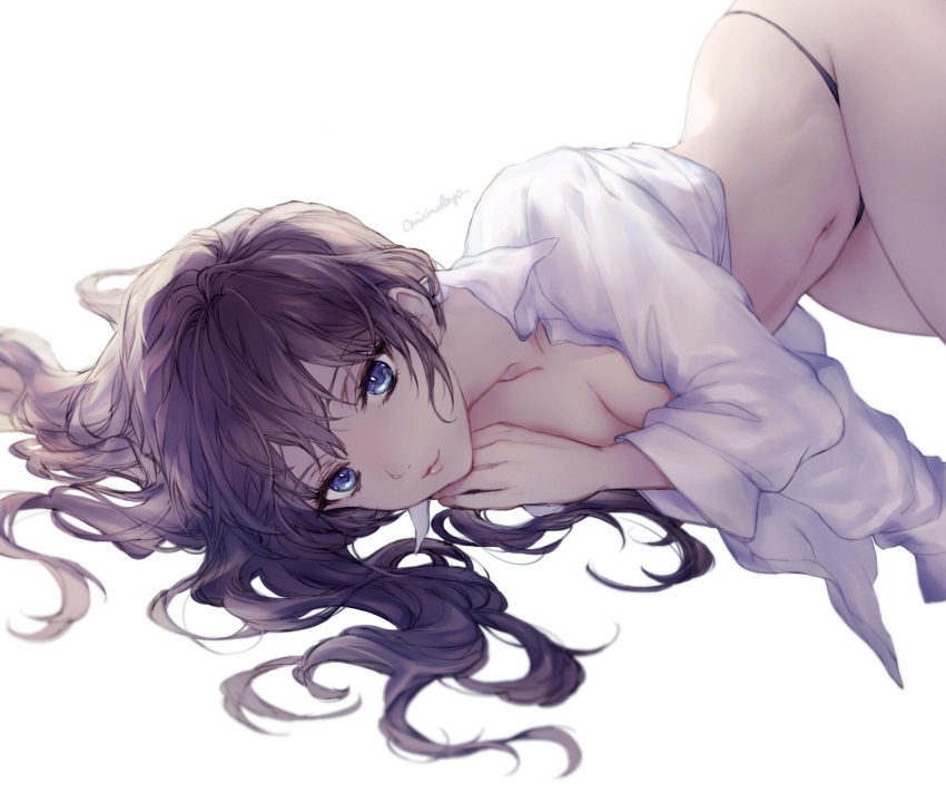 1girl :3 backlighting black_panties blue_eyes breasts bright_pupils cleavage closed_mouth commentary_request cowboy_shot dress_shirt highres ichinose_shiki idolmaster idolmaster_cinderella_girls lips long_hair looking_at_viewer lying medium_breasts michudx no_pants on_side panties purple_hair shirt simple_background solo underwear wavy_hair white_background