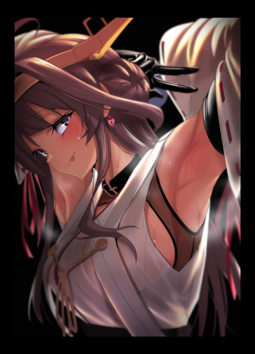 1girl ahoge armpits black_gloves blue_eyes blush brown_hair collar detached_sleeves double_bun earrings elbow_gloves eyebrows_visible_through_hair gloves hairband headgear heart heart_earrings highres jewelry kantai_collection kongou_(kantai_collection) long_hair looking_at_viewer nontraditional_miko ribbon-trimmed_sleeves ribbon_trim smile sweat tongue tongue_out ulrich_(tagaragakuin) v