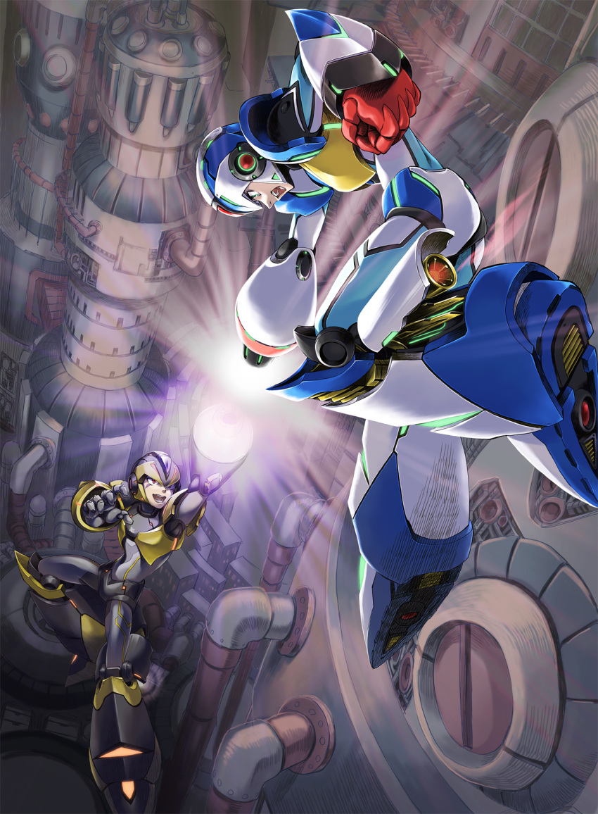 2boys android arm_cannon capcom clenched_hand dark_persona fighting green_eyes helmet highres jumping machinery multiple_boys open_mouth power_armor red_eyes robot rockman rockman_x serious teeth weapon x_(rockman) yukinbo78