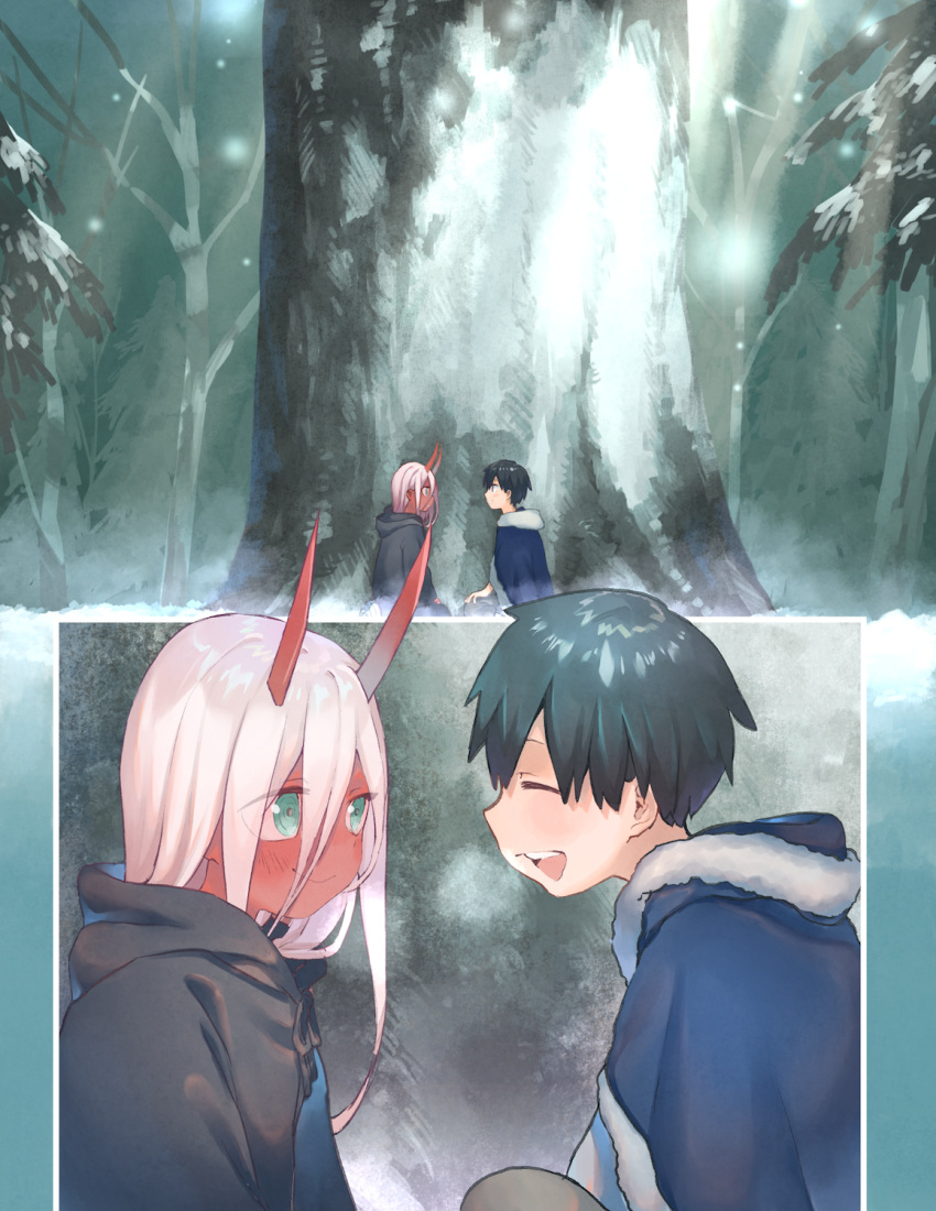 1boy 1girl bandage black_cloak black_hair blush bomhat capelet child cloak closed_eyes comic commentary couple darling_in_the_franxx english_commentary eyebrows_visible_through_hair eyes_visible_through_hair fur_capelet fur_trim green_eyes hand_on_own_knee hetero highres hiro_(darling_in_the_franxx) hood hooded_cloak horns long_hair looking_at_another navy_blue_capelet oni_horns parka pink_hair red_horns red_pupils red_sclera red_skin seiza short_hair sitting snow snowing tree zero_two_(darling_in_the_franxx)