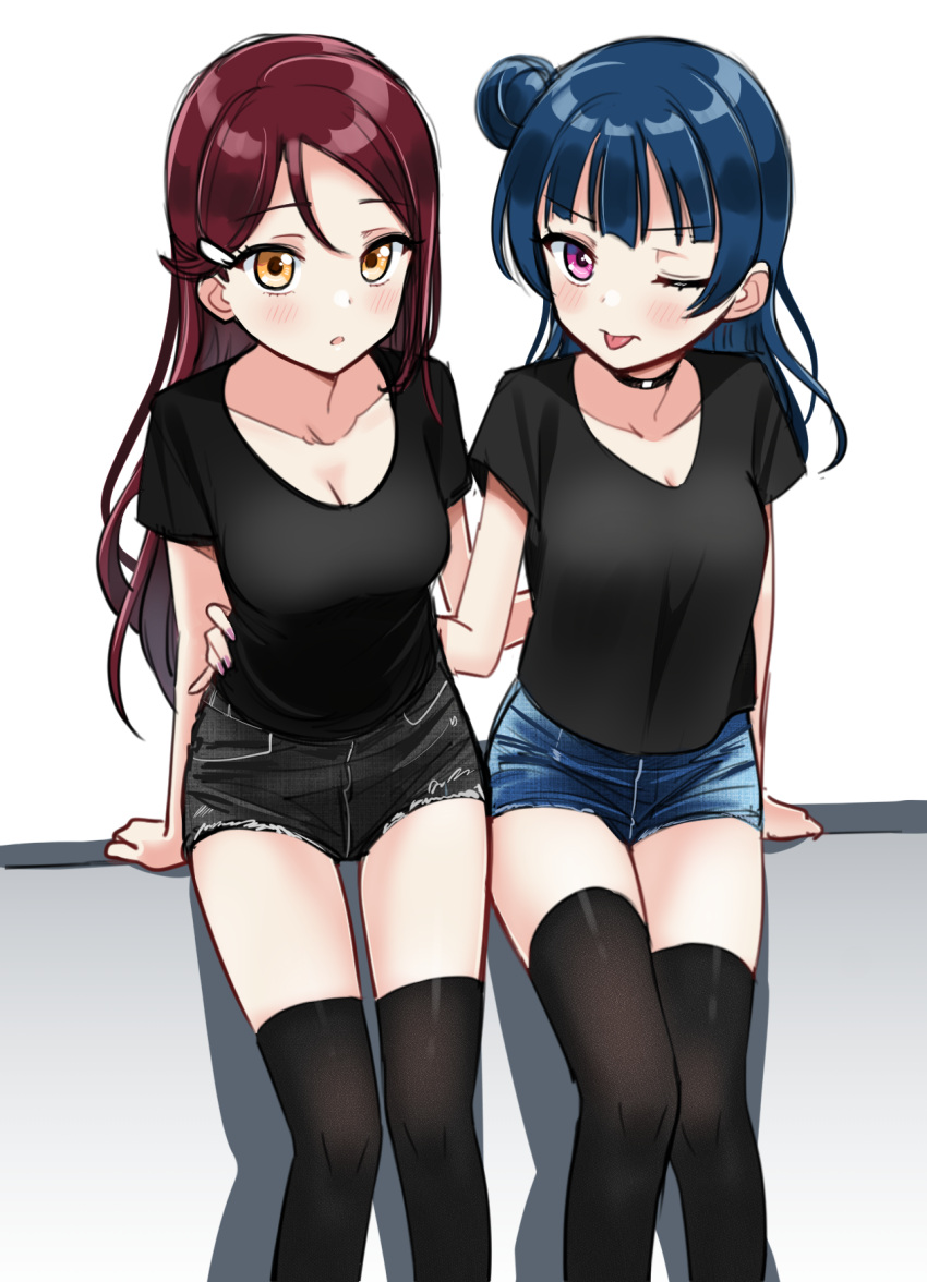 2girls :o ;p arm_around_waist bangs black_choker black_legwear black_shirt black_shorts blue_hair blush breasts choker cleavage collarbone deadnooodles denim denim_shorts eyebrows_visible_through_hair hair_ornament hairclip highres looking_at_viewer love_live! love_live!_sunshine!! multiple_girls one_eye_closed redhead sakurauchi_riko shirt short_shorts short_sleeves shorts side_bun sitting thigh-highs tongue tongue_out tsushima_yoshiko violet_eyes yellow_eyes